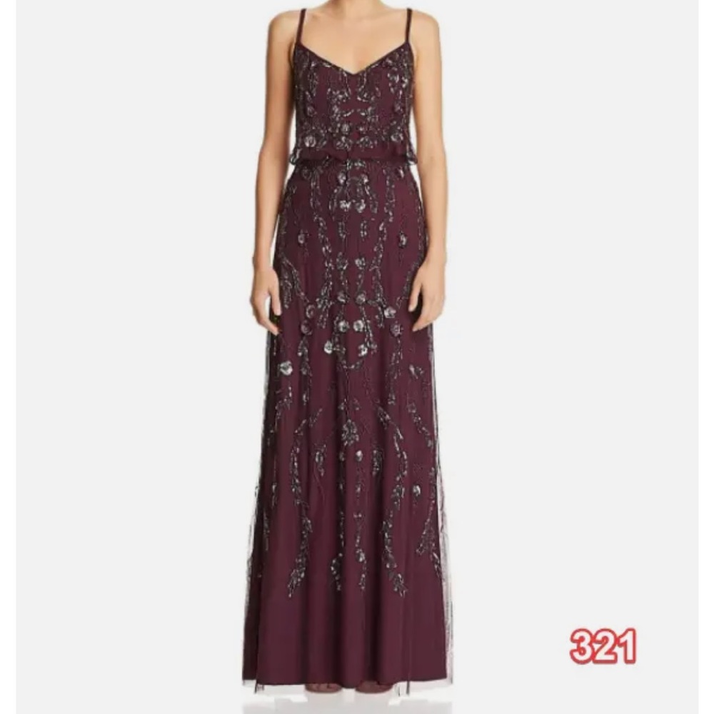 Adrianna Papell Plum Beaded Spaghetti-Strap Maxi Dress